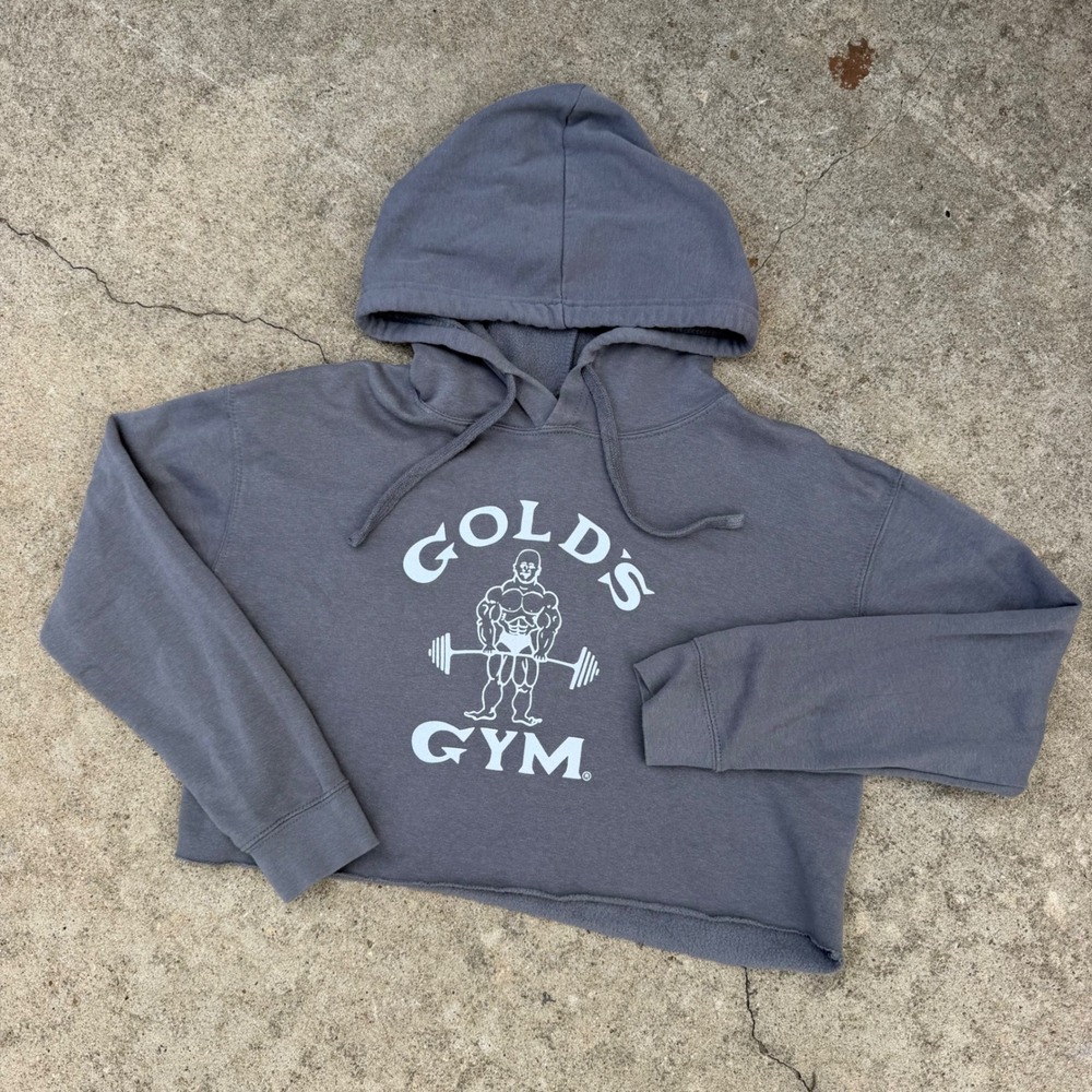 Golds Gym Hoodie Womens M Gray Graphic Raw Hem Cropped Pullover Sweatshirt